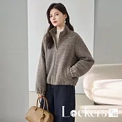 【Lockers 木櫃】落肩袖含羊毛夾棉立領短保暖外套 L114111904  咖啡色XL