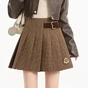 【MsMore】 毛呢格紋百褶高腰顯瘦A字短裙# 126704 XL 卡其色