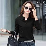 【AMIEE】純色大碼長袖POLO(KDTQ-8804) M 黑色