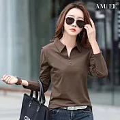 【AMIEE】純色大碼長袖POLO(KDTQ-8804) M 咖啡