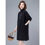 【ACheter】 寬鬆大碼高領純棉加絨加厚保暖連身裙洋裝# 126776 M 黑色