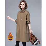 【ACheter】 寬鬆大碼高領純棉加絨加厚保暖連身裙洋裝# 126776 XL 卡其色