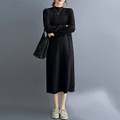 【ACheter】 文藝復古中高領保暖純色流蘇長款針織連身裙洋裝# 126781 FREE 黑色