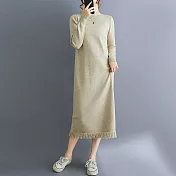 【ACheter】 文藝復古中高領保暖純色流蘇長款針織連身裙洋裝# 126781 FREE 卡其色