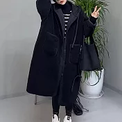 【ACheter】 毛呢大衣慵懶風長款連帽羊羔毛加厚保暖外套# 126783 XL 黑色