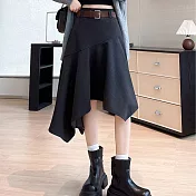 【MsMore】 不規則加厚毛呢高腰顯瘦中長A字傘裙# 126802 M 黑色