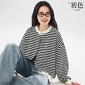 【初色】休閒圓領條紋針織短款寬鬆長袖排扣開衫外套女外套-黑白條紋-16784(M-2XL可選) M 黑白條紋