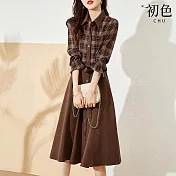 【初色】英倫風翻領單排釦收腰假兩件格紋拼接七分袖中長裙連衣裙連身洋裝-咖色-16697(M-2XL可選) M 咖色