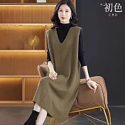 【初色】簡約純色V領外搭直筒針織背心裙連衣裙連身洋裝長洋裝-共4色-16767(F可選) F 黃駝色