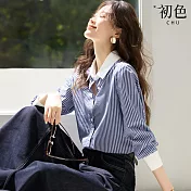 【初色】通勤風翻領條紋顯瘦單排釦長袖襯衫上衣女上衣-深藍條紋-16794(M-2XL可選) M 深藍條紋