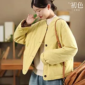 【初色】復古文藝風加厚保暖純色下擺抽繩圓領長袖夾棉外套女外套-共3色-16712(M-2XL可選) M 黃色