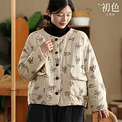 【初色】亞麻復古風純色圓領植物刺繡口袋加厚單排釦長袖夾棉外套女外套-麻色-16713(M-2XL可選) M 麻色