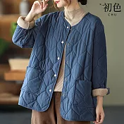 【初色】簡約純色口袋圓領釦子寬鬆薄款夾棉長袖外套女外套-共4色-16796(M-3XL可選) M 藏青色