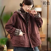 【初色】復古風加厚保暖寬鬆拼接格紋單排釦連帽長袖雙層夾棉風衣外套女外套-共3色-16715(L/XL可選) L 酒紅色
