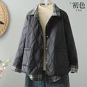 【初色】假兩件格拼接純色寬鬆休閒羽絨棉外套女外套-共3色-39167(L-2XL可選) L 黑色