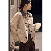 【MsMore】 短款皮革拼接仿羊羔毛外套# 126838 S 米白色