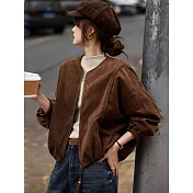 【MsMore】 復古圓領麂皮簡約百搭外套# 126841 M 咖色