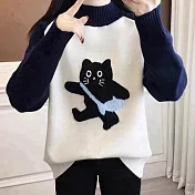 【MsMore】 半高領可愛貓咪加厚毛衣上衣# 126842 FREE 米白色