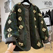 【初色】韓系慵懶風撞色印花兩面穿羊羔絨圓領長袖保暖外套女外套-軍綠色-16708(L-2XL可選) L 軍綠色