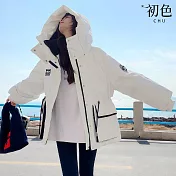 【初色生活】休閒風寬鬆顯瘦加厚禦寒保暖防風拼接撞色連帽長袖科技羽絨棉外套女外套-共3色-16691(M/L可選) M 白色
