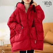 【初色】寬鬆純色保暖防風禦寒抽繩連帽長袖中長款羽絨鴨絨外套女外套-共5色-16681(F可選) F 紅色
