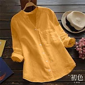 【初色】純色百搭休閒棉麻襯衫上衣-共7色-66564(M-2XL可選) 2XL 黃色