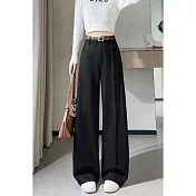 【MsMore】 加絨高腰窄版休閒毛呢闊腿直筒長褲# 126818 M 黑色