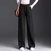 【MsMore】 復古羊絨感毛呢小格紋闊腿褲直筒休閒# 126820 M 黑色