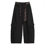 【MsMore】 加絨彎刀工裝褲高腰闊腿休閒潮酷運動褲# 126821 M 黑色