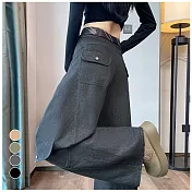 【MsMore】 加絨彎刀工裝褲高腰闊腿休閒潮酷運動褲# 126821 M 灰色