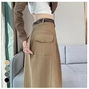 【MsMore】 加絨彎刀工裝褲高腰闊腿休閒潮酷運動褲# 126821 M 卡其色