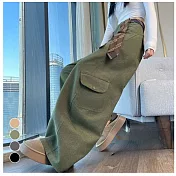 【MsMore】 加絨彎刀工裝褲高腰闊腿休閒潮酷運動褲# 126821 M 綠色