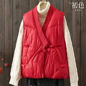 【初色】復古中式純色復古V領無袖盤扣棉服禦寒保暖寬鬆馬甲外套背心女背心-共4色-16743(L/XL可選) L 紅色