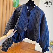 【初色】簡約圓領純色寬鬆單排釦短款夾棉棒球外套女外套-共2色-16725(M-2XL可選) M 藏青色