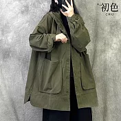 【初色】復古工裝純色寬鬆大口袋連帽排釦落肩長袖風衣外套女外套-共3色-16745(L-2XL可選) L 軍綠色