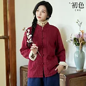 【初色】中式寬鬆保暖絨毛加厚立領盤扣長袖外套女外套-共3色-16738(M-2XL可選) M 紅色