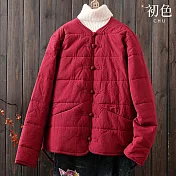 【初色】新中式純色復古圓領排扣長袖寬鬆棉襖保暖禦寒棉服棉衣外套女外套-共2色-16748(L-2XL可選) L 紅色