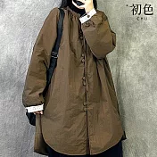 【初色】新中式拼色寬鬆中長款圓領長袖開衩襯衫上衣女上衣-共2色-16703(L-2XL可選) L 咖色