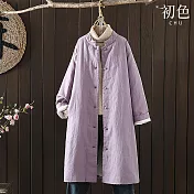 【初色】寬鬆保暖純色復古單排盤扣立領長袖棉麻風羽絨棉中長款大衣外套女外套-共3色-32386(M-2XL可選) M 紫色