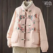 【初色】新中式盤釦刺繡撞色口袋長袖保暖立領防風禦寒羽絨外套女外套-共2色-16711(M-2XL可選) M 粉色
