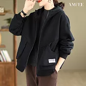 【AMIEE】寬鬆顯瘦開衫連帽外套(KDCQ-8523) L 黑色