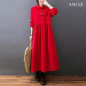 【AMIEE】燈芯絨翻領長袖連衣裙(KDDQ-1272) M 紅色