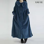 【AMIEE】松荷葉領復古燈芯絨顯瘦長裙(KDDQ-3686) M 藍色