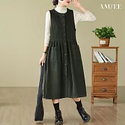 【AMIEE】無袖燈芯絨連衣裙(KDDQ-8386) M 墨綠色