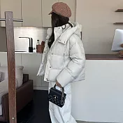 【MsMore】 泡芙短款羽絨棉美式肯豆麪包服連帽外套# 126846 S 白色