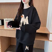 【MsMore】 純棉牛奶絲銀狐絨字母T休閒運動長褲2件式套裝# 126853 M 黑色