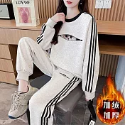 【MsMore】 華棉復牛奶絲銀狐絨貓咪休閒運動長褲2件式套裝# 126858 M 灰色