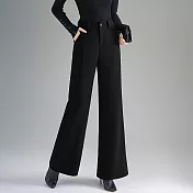 【MsMore】 羊毛呢感加厚保暖褲窄版直筒休閒長褲# 126862 M 黑色