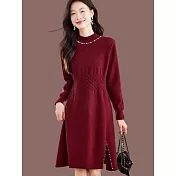 【MsMore】 毛針織連身裙半高領釘珠毛衣洋裝# 126869 FREE 紅色