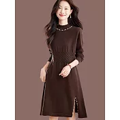 【MsMore】 毛針織連身裙半高領釘珠毛衣洋裝# 126869 FREE 咖色